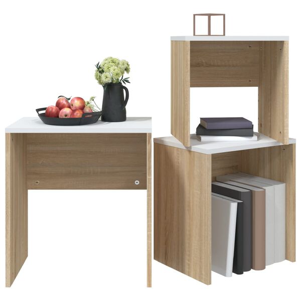 vidaXL Satztische 3-tlg. Wei&szlig; und Sonoma-Eiche Holzwerkstoff