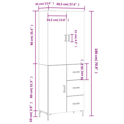 vidaXL Highboard Hochglanz-Weiß 69,5x34x180 cm Holzwerkstoff