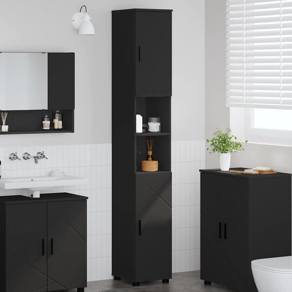 vidaXL Badezimmerschrank mit Speicher mit T&uuml;r Schwarz 30 x 35 x 192 cm