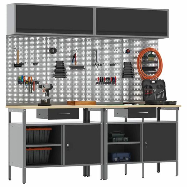 vidaXL Werkbank-Set mit Regal 8 pcs Schwarz 200 x 55 x 200 cm Stahl