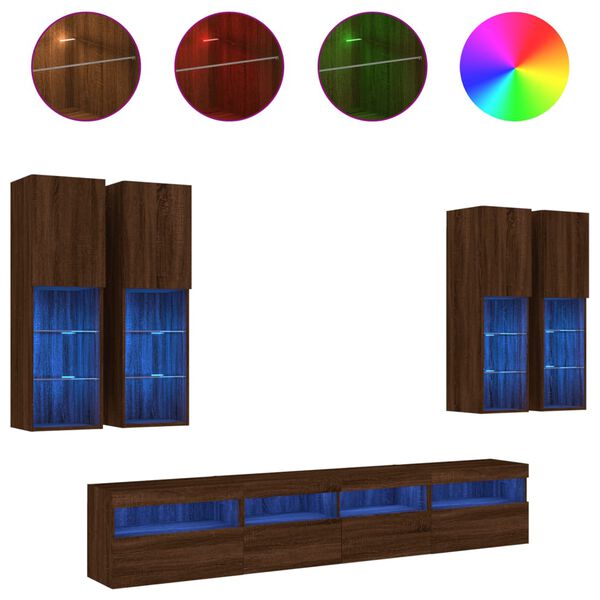 vidaXL 7-tlg. TV-Wohnwand mit LED-Leuchten Braun Eichen-Optik