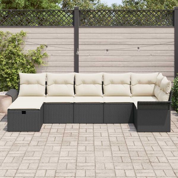 vidaXL Garten-Sofa-Set mit Kissen 7 pcs Schwarz Poly Rattan