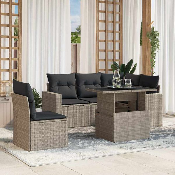 vidaXL 6-tlg. Garten-Sofagarnitur mit Kissen Hellgrau Poly Rattan