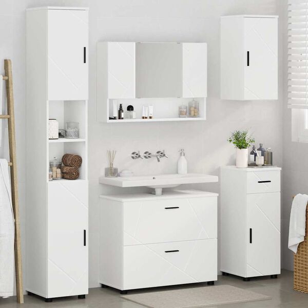 vidaXL Badezimmerm&ouml;bel-Set mit Regal 5 pcs Wei&szlig; Sperrholz und Metall