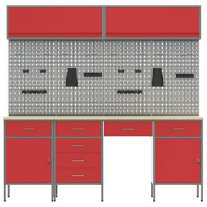 vidaXL Werkbank mit Schubladen 8 pcs Rot 150 x 55 x 200 cm Stahl
