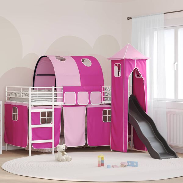 vidaXL Kinderloftbett Wei&szlig; und Rosa 90 x 200 cm Metall