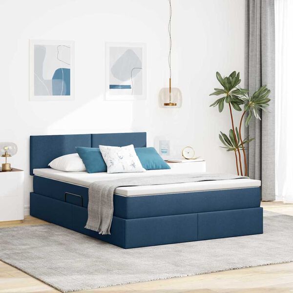 vidaXL Bett mit Stauraum und LED mit Matratze Blau 140 x 190 cm Stoff
