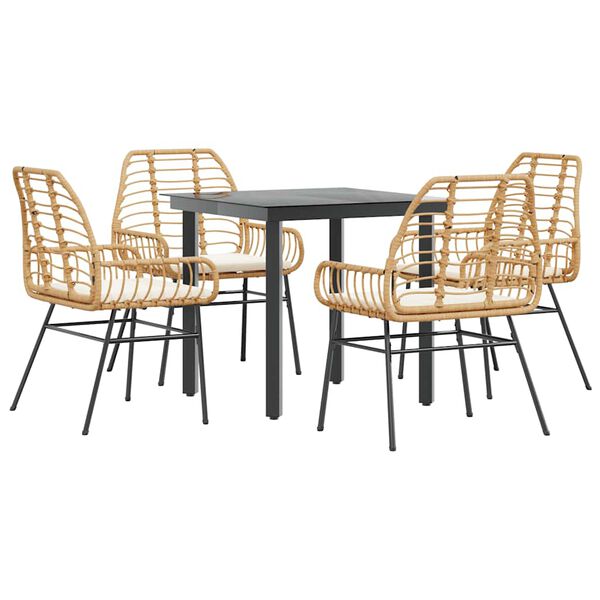 vidaXL 5-tlg. Garten-Essgruppe mit Kissen Braun Poly Rattan Glas