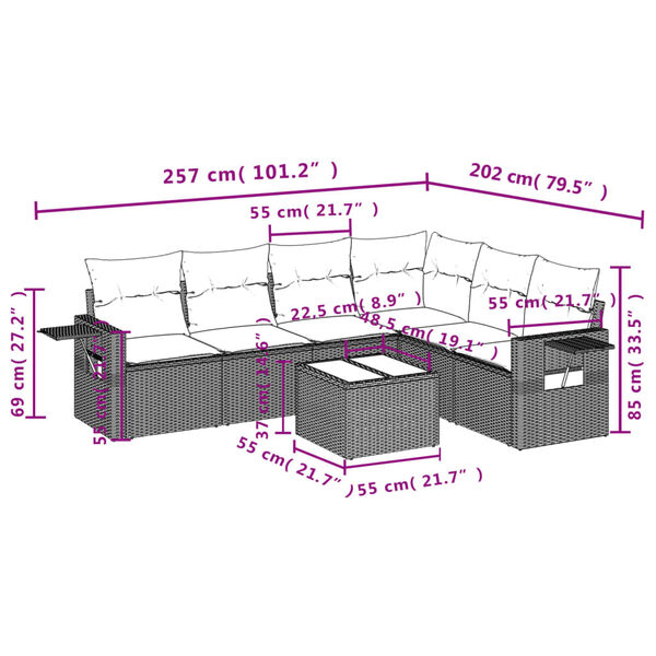 vidaXL 7-tlg. Garten-Sofagarnitur mit Kissen Grau Poly Rattan
