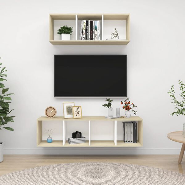 vidaXL 2-tlg. TV-Schrank-Set Wei&szlig; Sonoma-Eiche Holzwerkstoff