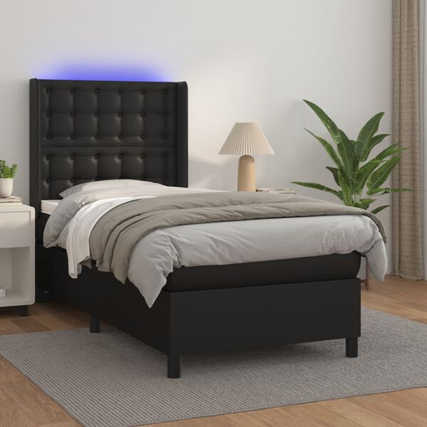 vidaXL Boxspringbett mit Matratze & LED Schwarz 90x200 cm Kunstleder