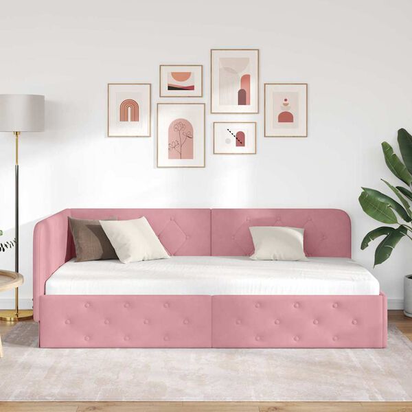vidaXL Eckbettgestell mit Kopfteil Rosa 90 x 190 cm Samt