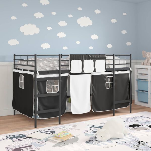 vidaXL Kinder Loft Bettgestell mit Vorh&auml;ngen Schwarz 90 x 201 cm