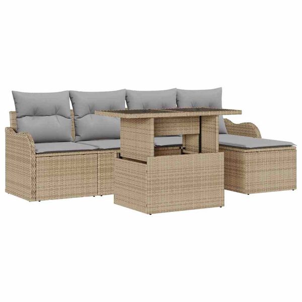 vidaXL Sitzgruppe f&uuml;r den Outdoor mit Kissen 6 pcs Beige Poly Rattan