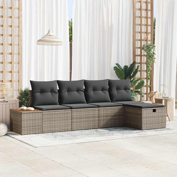 vidaXL Garten-Sofa-Set mit Kissen 5 pcs Grau Poly Rattan