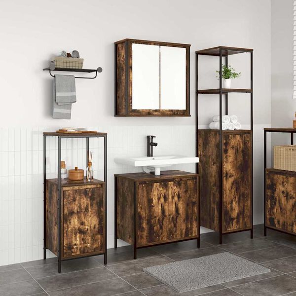 vidaXL Badezimmerm&ouml;bel-Set mit T&uuml;r 3 pcs Ger&auml;ucherte Eiche und Schwarz