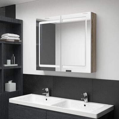 vidaXL LED-Spiegelschrank fürs Bad Weiß und Eichen-Optik 80x12x68 cm