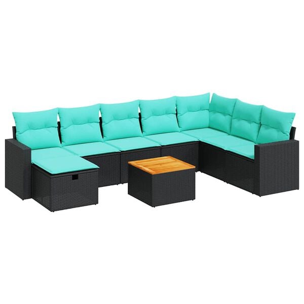 vidaXL 9-tlg. Garten-Sofagarnitur mit Kissen Schwarz Poly Rattan
