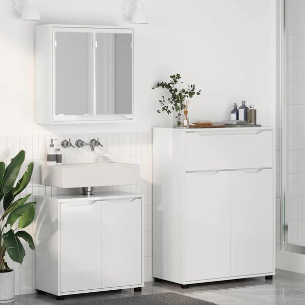 vidaXL Badezimmerm&ouml;bel-Set Mit Rad 3 pcs Hochglanz Wei&szlig; Holzwerkstoff