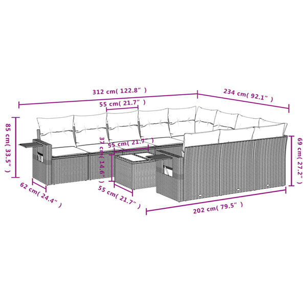 vidaXL 11-tlg. Garten-Sofagarnitur mit Kissen Grau Poly Rattan