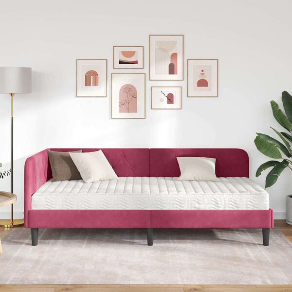 vidaXL Eckbettgestell mit Matratze Weinrot 90 x 190 cm Samt