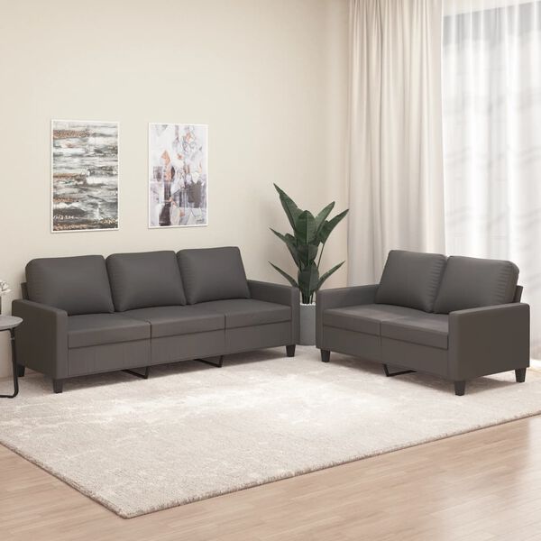 vidaXL 2-tlg. Sofagarnitur mit Kissen Grau Kunstleder