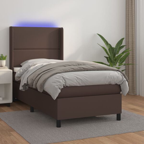 vidaXL Boxspringbett mit Matratze & LED Braun 90x190 cm Kunstleder