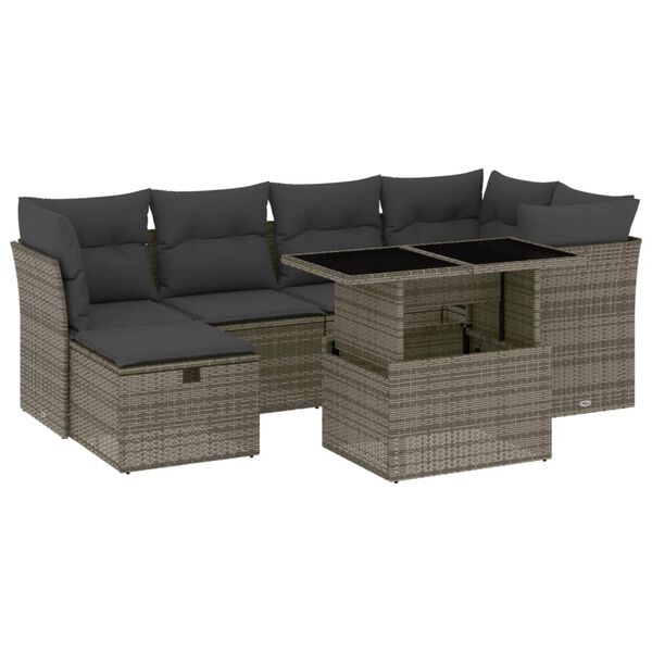 vidaXL 7-tlg. Garten-Sofagarnitur mit Kissen Grau Poly Rattan