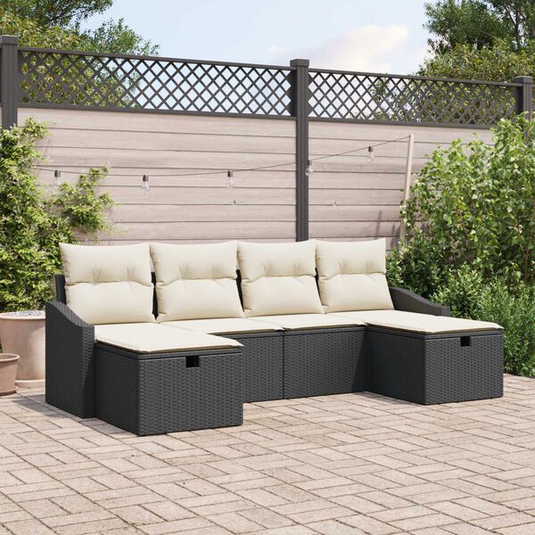 vidaXL Garten-Sofa-Set mit Kissen 6 pcs Schwarz Poly Rattan