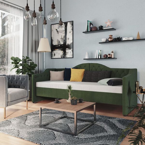 vidaXL Tagesbett mit Matratze USB Dunkelgr&uuml;n Stoff 90x200 cm