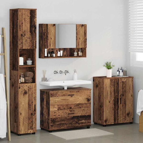 vidaXL Badezimmerm&ouml;bel-Set mit T&uuml;r 4 pcs Altholz Sperrholz und Metall