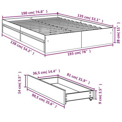 vidaXL Bettgestell mit Schubladen Schwarz 135x190 cm Holzwerkstoff