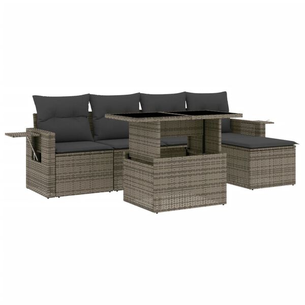 vidaXL 6-tlg. Garten-Sofagarnitur mit Kissen Grau Poly Rattan
