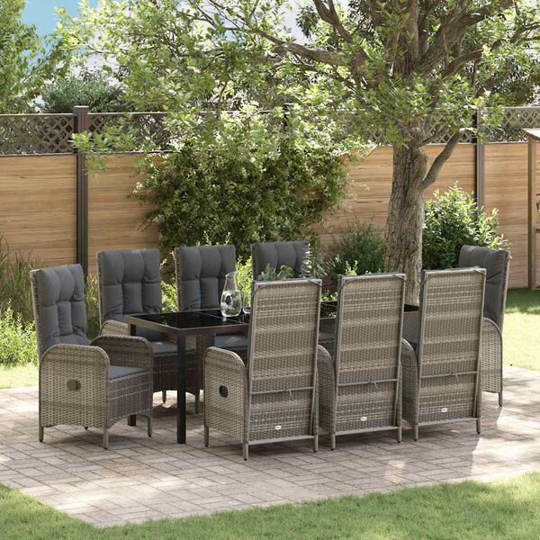 vidaXL Garten Essgruppe mit Kissen 9 pcs Grau Poly-Rattan