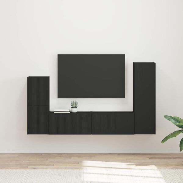 vidaXL TV-Schrankset Wandmontiert 4 pcs Schwarz Holzwerkstoff