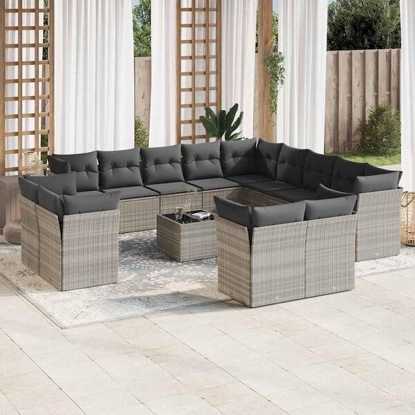 vidaXL 14-tlg. Garten-Sofagarnitur mit Kissen Hellgrau Poly Rattan