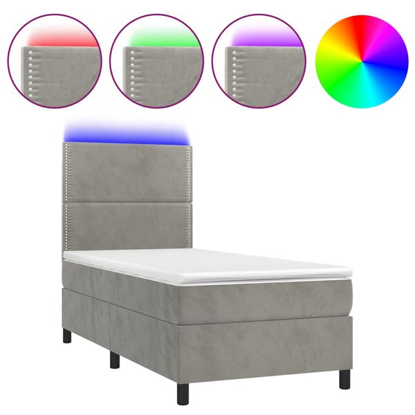 vidaXL Boxspringbett mit Matratze & LED Hellgrau 100x200 cm Samt
