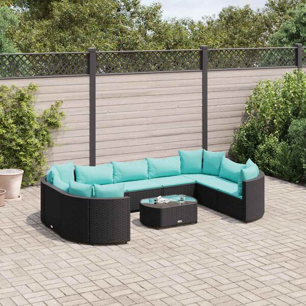 vidaXL 10-tlg. Garten-Sofagarnitur mit Kissen Schwarz Poly Rattan