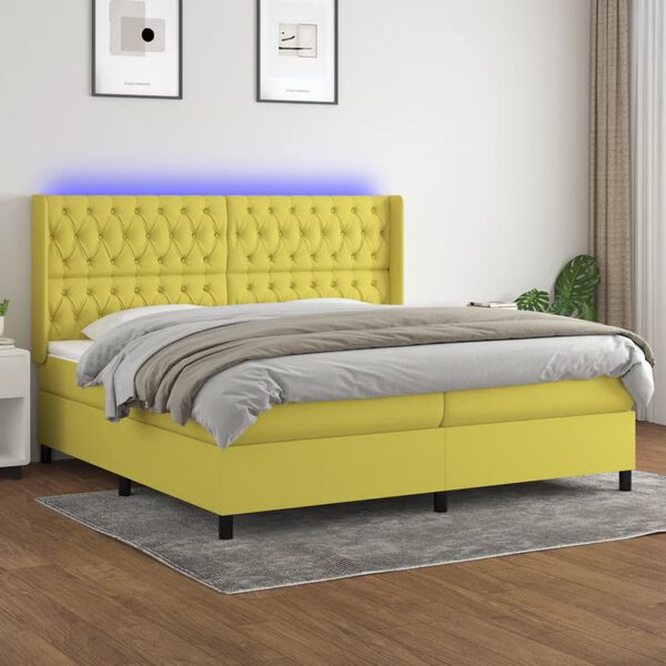 vidaXL Boxspringbett mit Matratze & LED Gr&uuml;n 200x200 cm Stoff