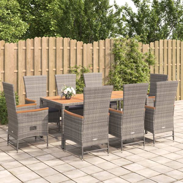 vidaXL 9-tlg. Garten-Essgruppe mit Kissen Grau Poly Rattan