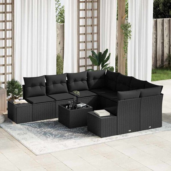 vidaXL Sofa Set mit Kissen 9 pcs Schwarz Poly Rattan