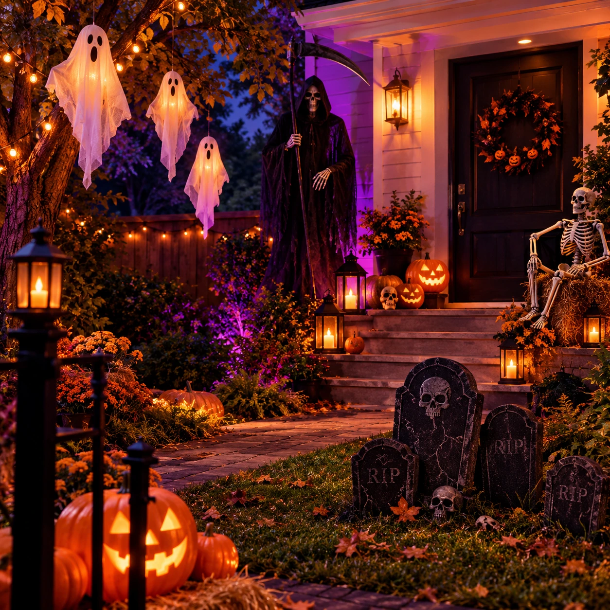 Halloween-Garten mit hängenden Geistern und einem Sensenmann