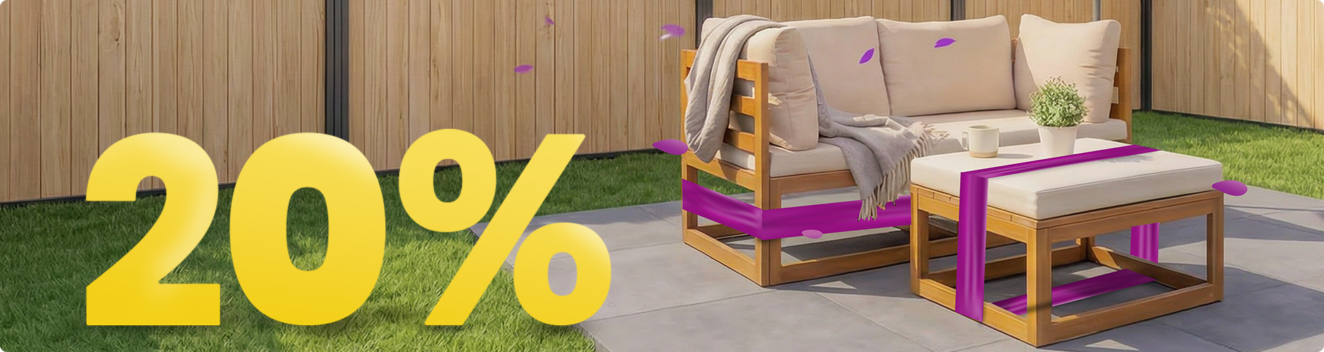 Holz-Gartensofa mit beigen Polstern und Tisch unter Sonnenschirm auf sonniger Terrasse, umgeben von Blumen und Zaun, mit Banner zur Frühlingsaktion 20 %.