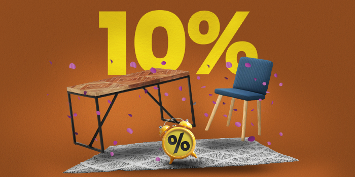 Banner mit einem Tisch, einem Stuhl, Teppich und Wecker mit großem gelben Text „10%“