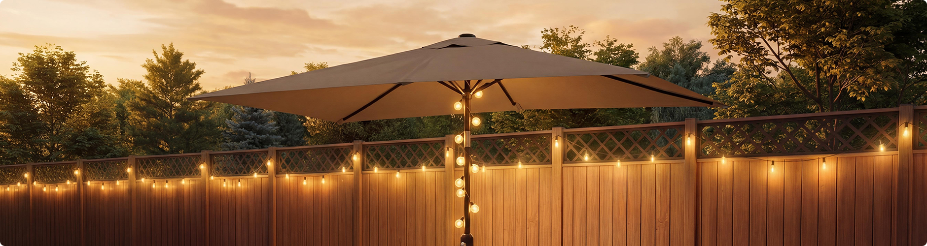 Outdoor-Terrassenschirm mit warmen Lichterketten um den Ständer, platziert vor einem Holzzaun mit Gitterdetails im Sonnenuntergang