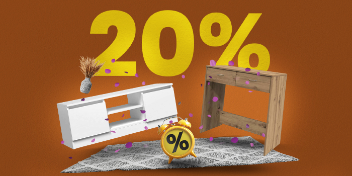 Banner mit einem Tisch, einem TV-Schrank, Teppich und Wecker mit großem gelben Text „20%“.