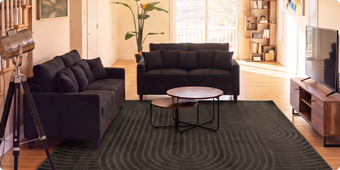 Modernes Wohnzimmer mit zwei dunklen Sofas, Satztischen, einem TV-Möbel und großem Teppich in einem hellen Raum.