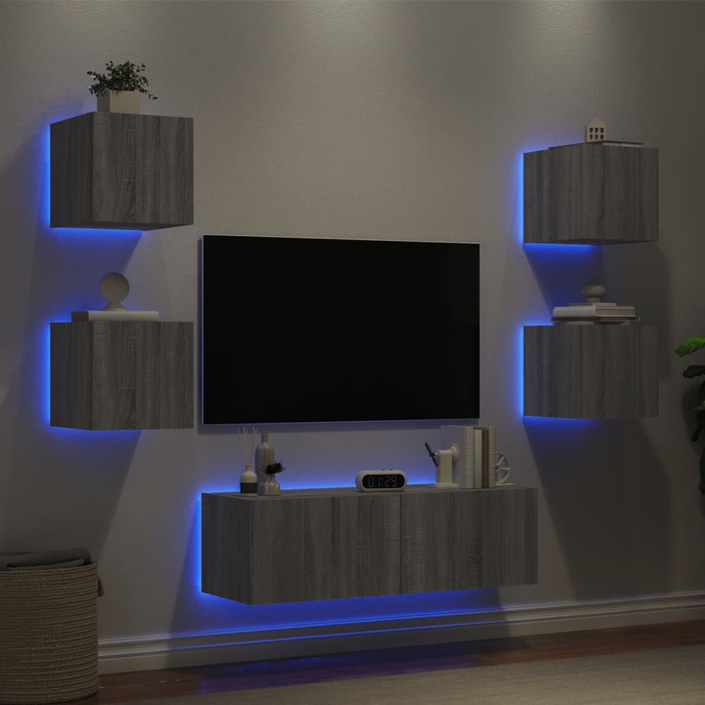 vidaXL 5-tlg. TV-Wohnwand mit LED-Leuchten Grau Sonoma