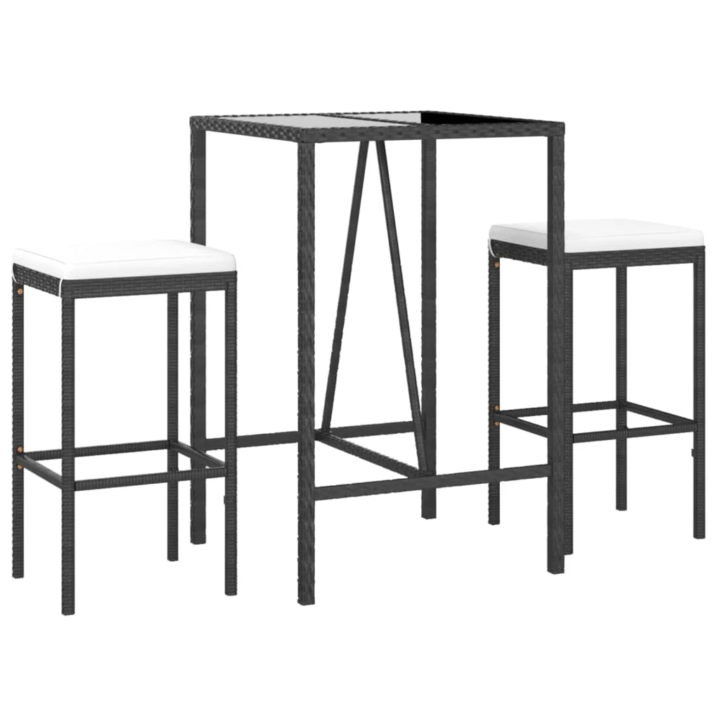 vidaXL 3-tlg. Gartenbar-Set mit Kissen Schwarz Poly Rattan