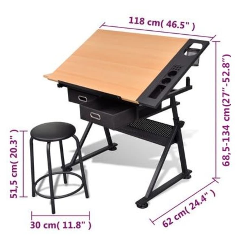 vidaXL Zeichentisch mit neigbarer Tischplatte 2 Schubladen und Hocker